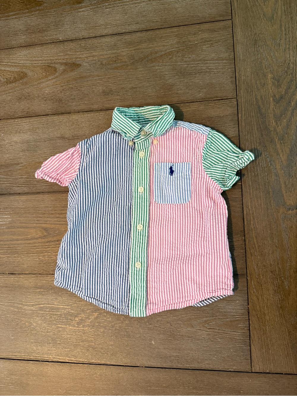 Ralph Lauren Boy’s Colorblock Seersucker Button-Down Shirt in Blue, Pink & Green